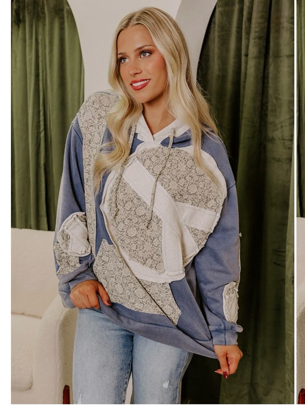New: POL “Feel The Love” Boho Patchwork Peace Sign Lace Detail Hooded Sweatshirt
